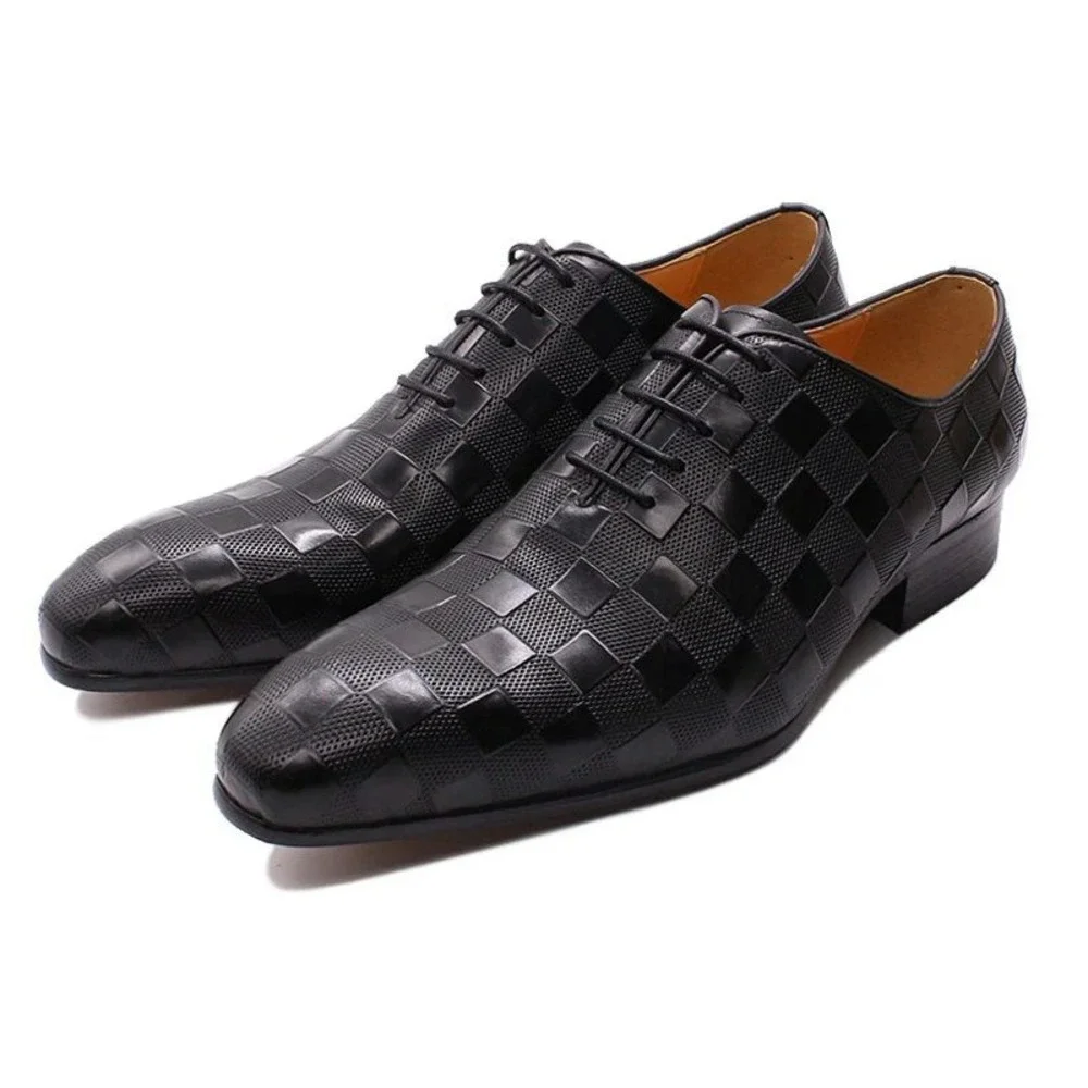 Santimon‎ Men's US 9 Black Leather Plaid Texture Oxfords Lace Up Dress Shoes